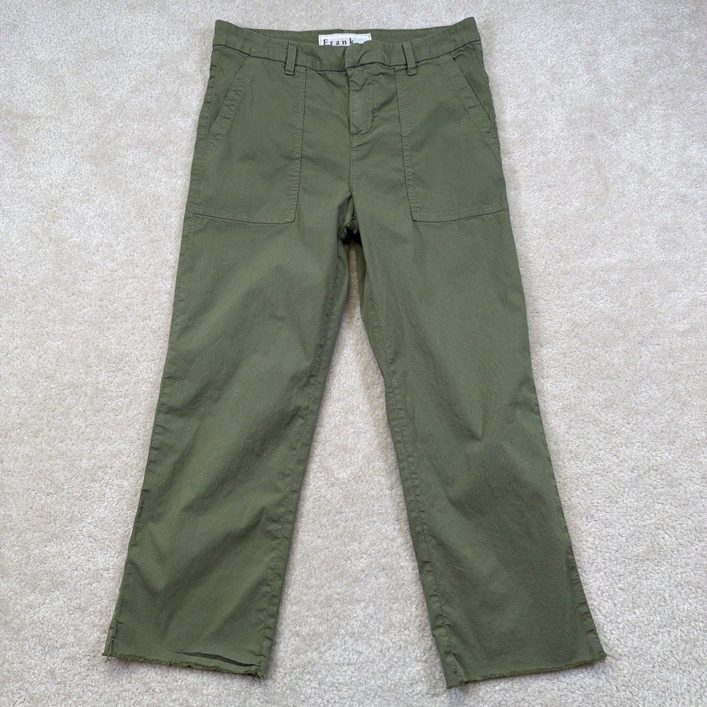 Frank & Eileen Blackstone Utility Pants Womens 8 Green Twill Raw Hem Preppy USA